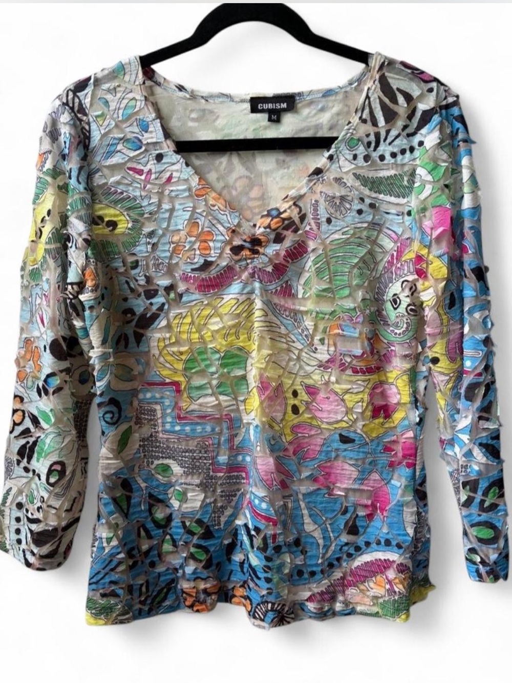 Art to Wear Cubism mesh see through long sleeve top art deco funky dopamine M